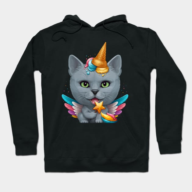 Russian Blue Cat Ice Cream Unicorn Hoodie by stonemask